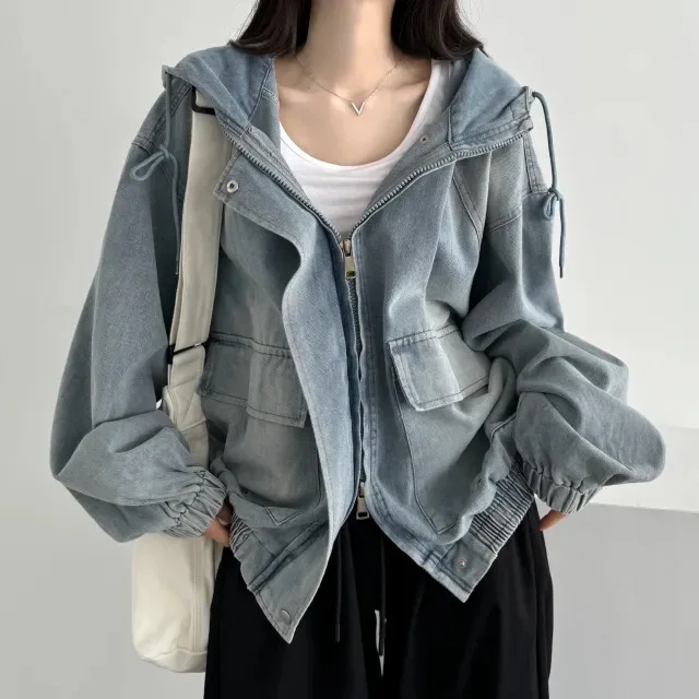 Loose Women's Casual Long Sleeve Denim Jacket Hooded Open Cardigan Versatile Style Korean Fashion Autumn Season Zipper Closure