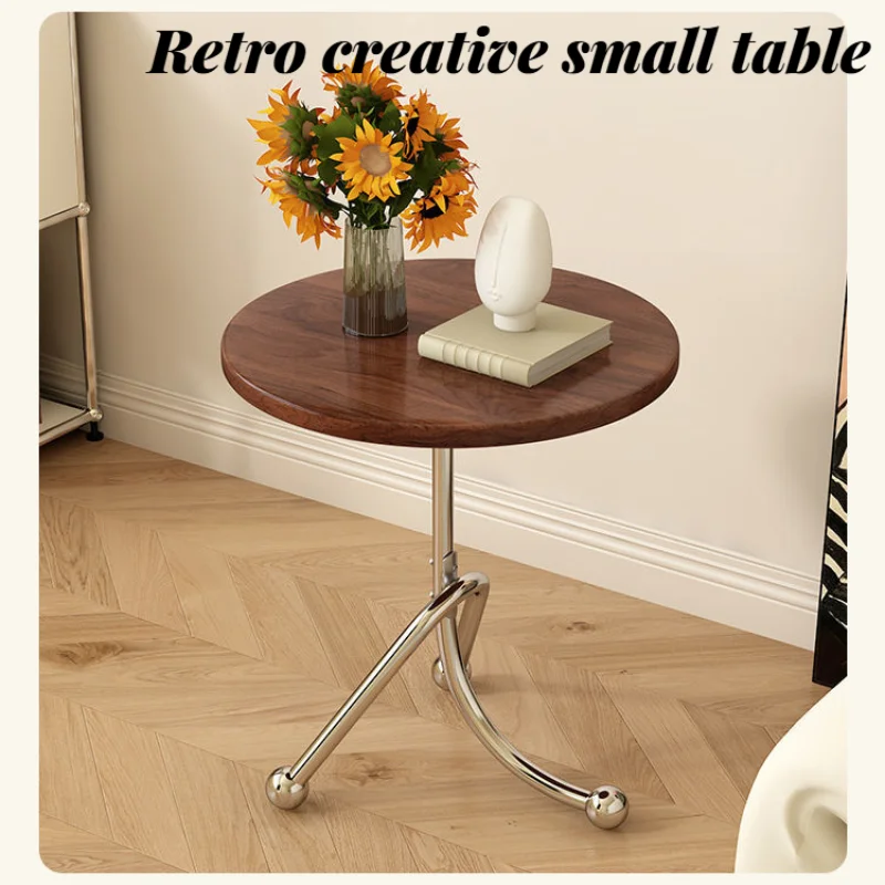 DIY Handmade Assembly of Stainless Steel Wooden Table, Nordic Peach Wood Grain Road Small Round Table, Bedroom, Living Room