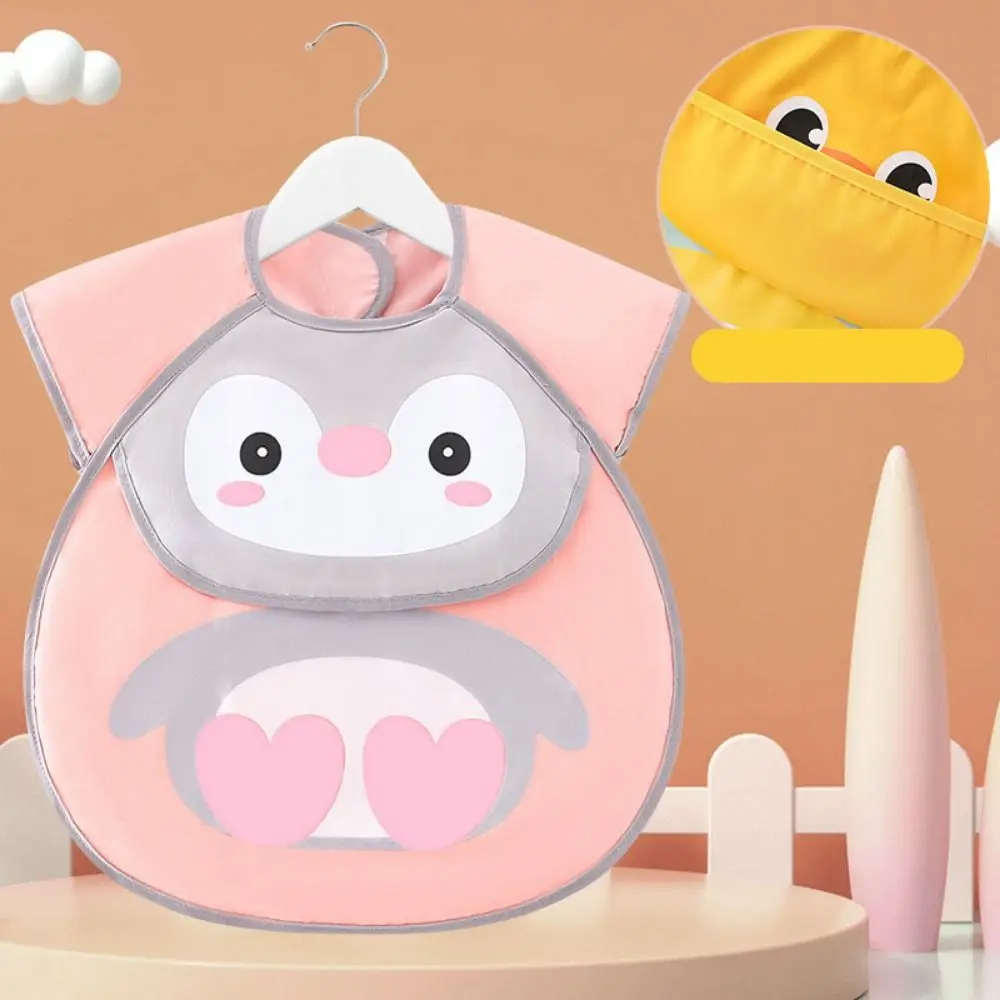 귀여운 아기 Bibs 만화 동물 패턴 조정 가능한 긴 소매 앞치마 음식 잔해물 주머니와 방수 타액 떨어지는 Bibs