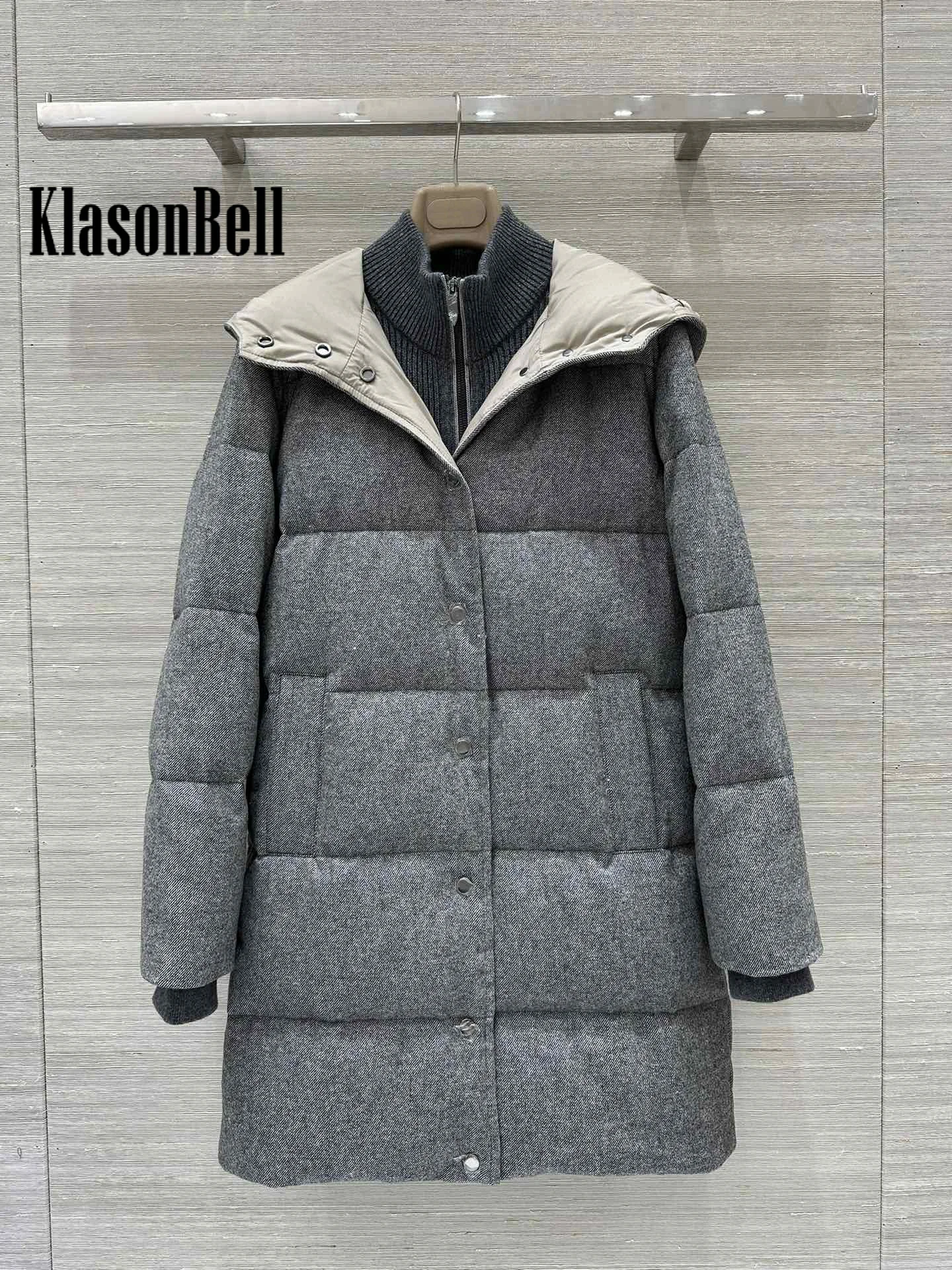 9.25 KlasonBell Women Winter New Wool Knit Collar Spliced Fake Two Piece Goose Down Jacket Hooded Midi Keep Warm Down Coat