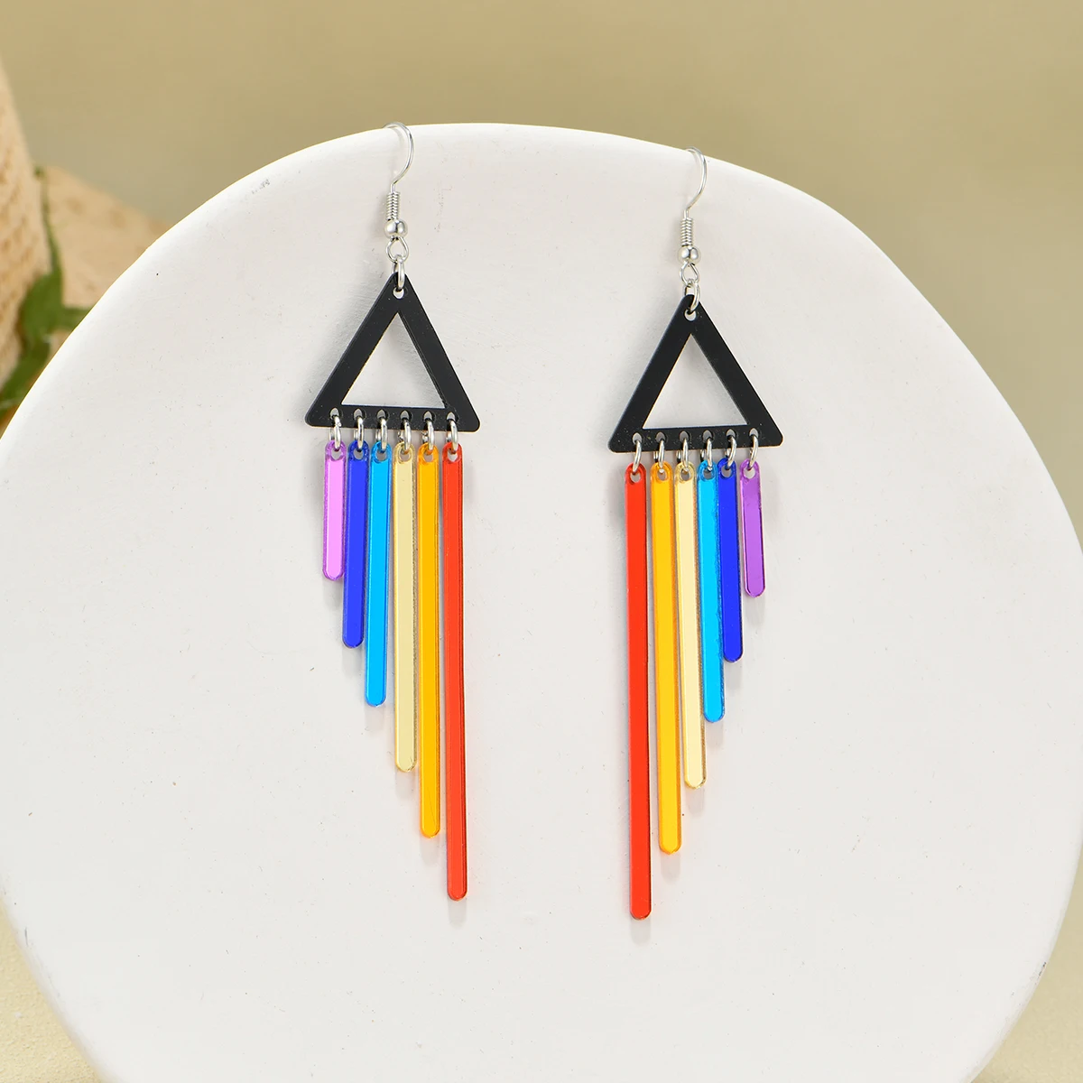 Fashionable Black Triangle Frame Colorful Rainbow Tassel Earrings Geometric Shape Collision Colorful Tassels, Personalized Trendy Non-Colliding Style