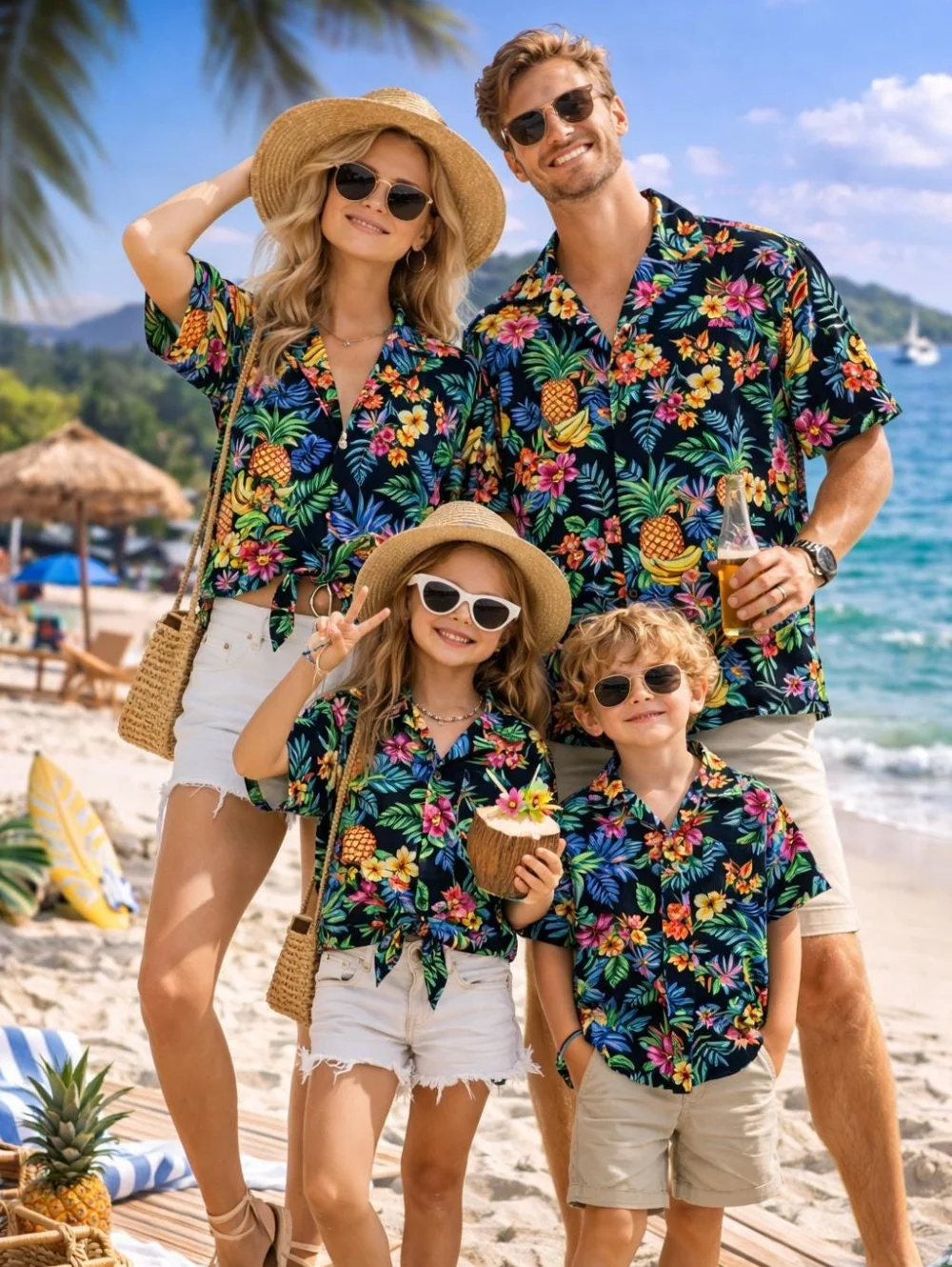 Summer Men's Family Wear Hawaiian Style Shirt Summer Coconut Tree Graphics Short Sleeve Shirt Vacation Parent-Child Gift Shirt