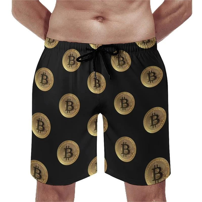 

Забавные пляжные шорты с графикой биткойнов для мужчин, модные летние каникулы, короткие штаны с 3D принтом, повседневные плавки большого размера