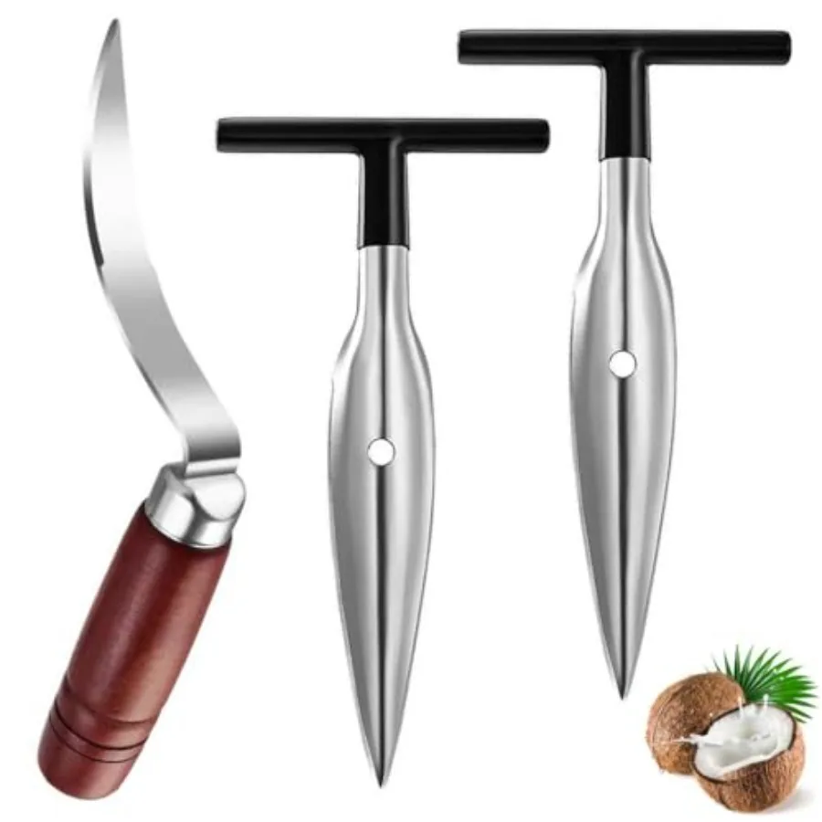 

Coconut Tool 2 PCS Stainless Steel Coconut Puncher and Coconut Meat Remover Reusable Coco Drill Punch Tool with Durable Wooden