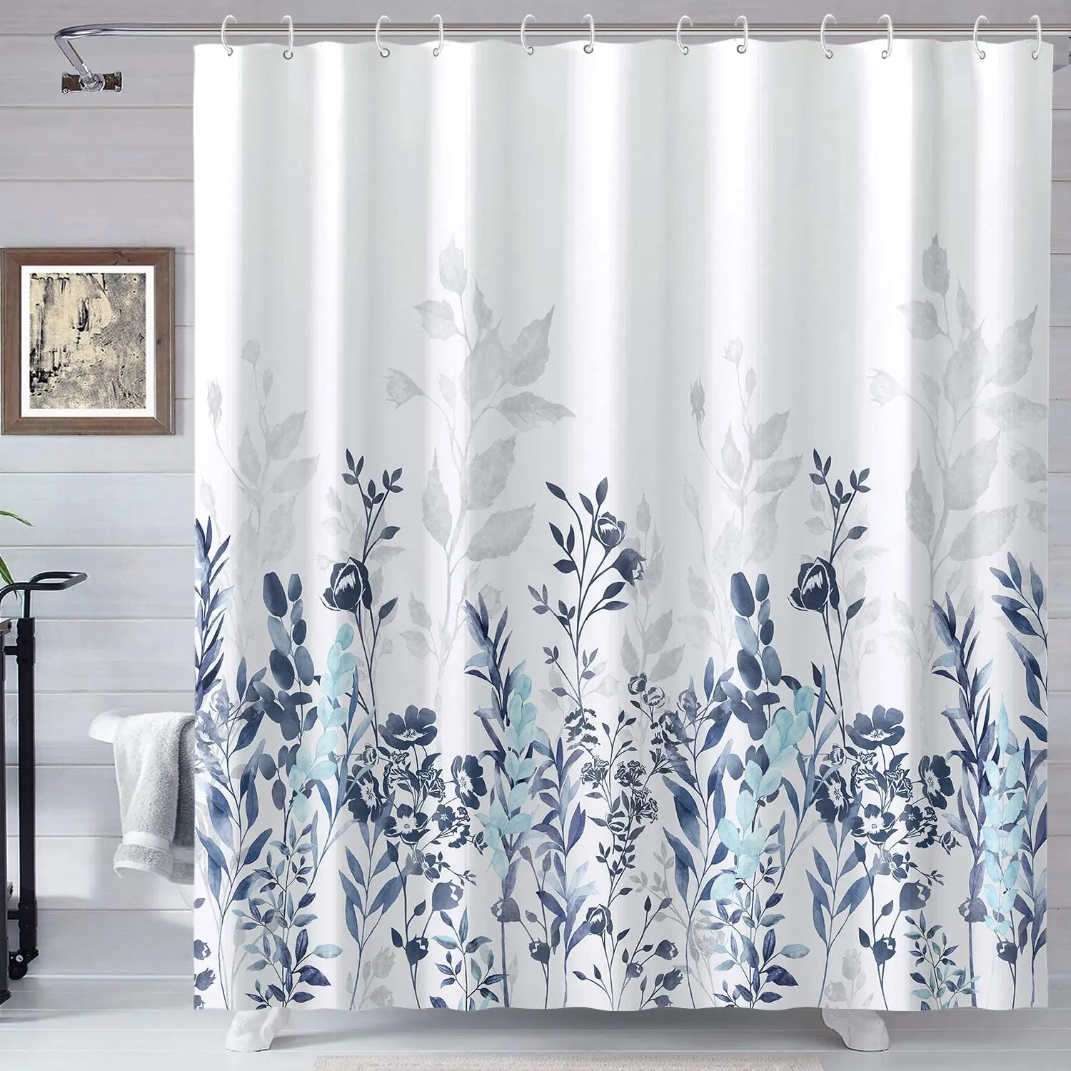 New Blue and Grey Shower Curtain Watercolor Floral Bathroom Curtain Curtain Shower Curtains Bathroom Curtain Shower Home