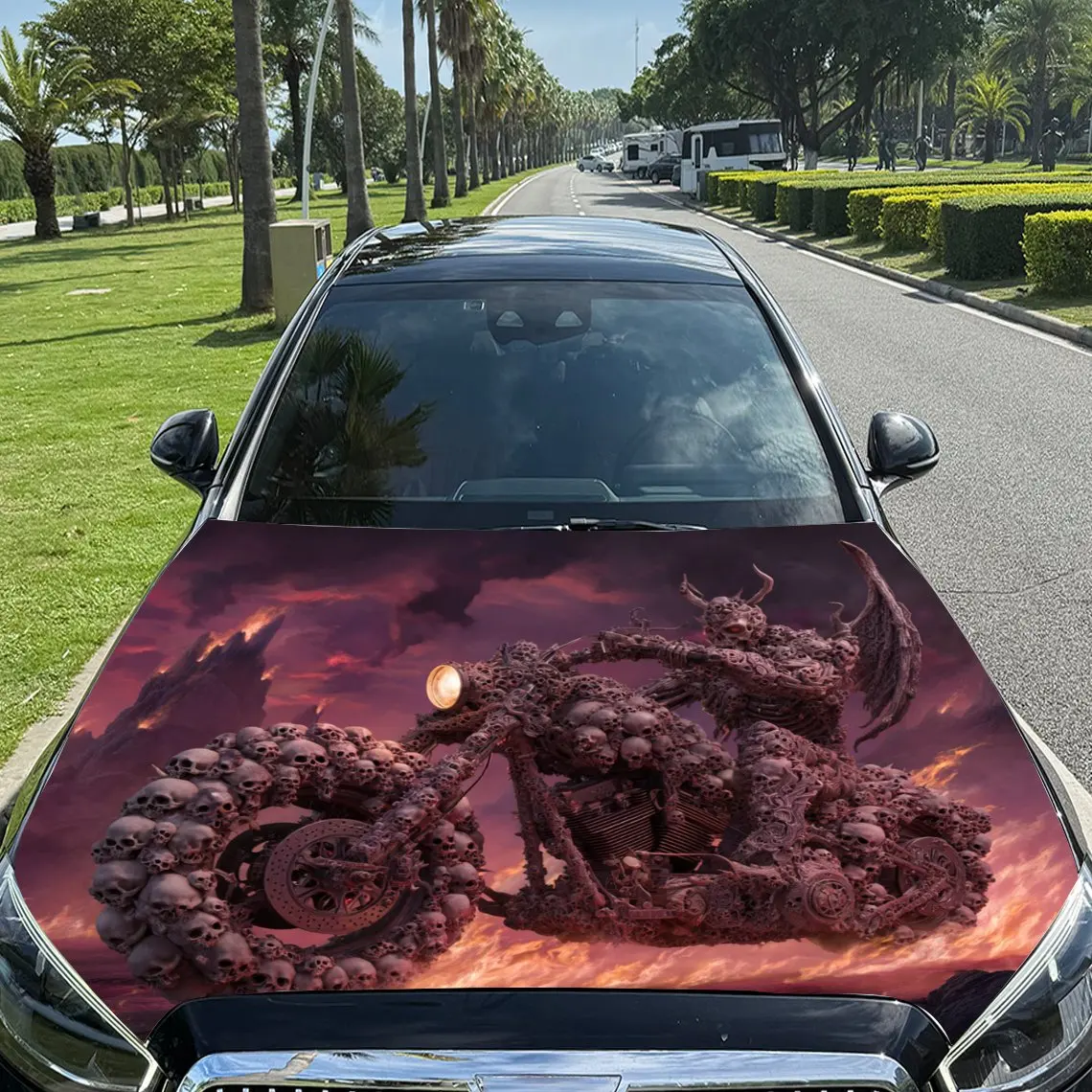 Blazing Flame Demon Motorcycle Print car hood stickers, waterproof self-adhesive, scratch resistant, easy to stick, durable car