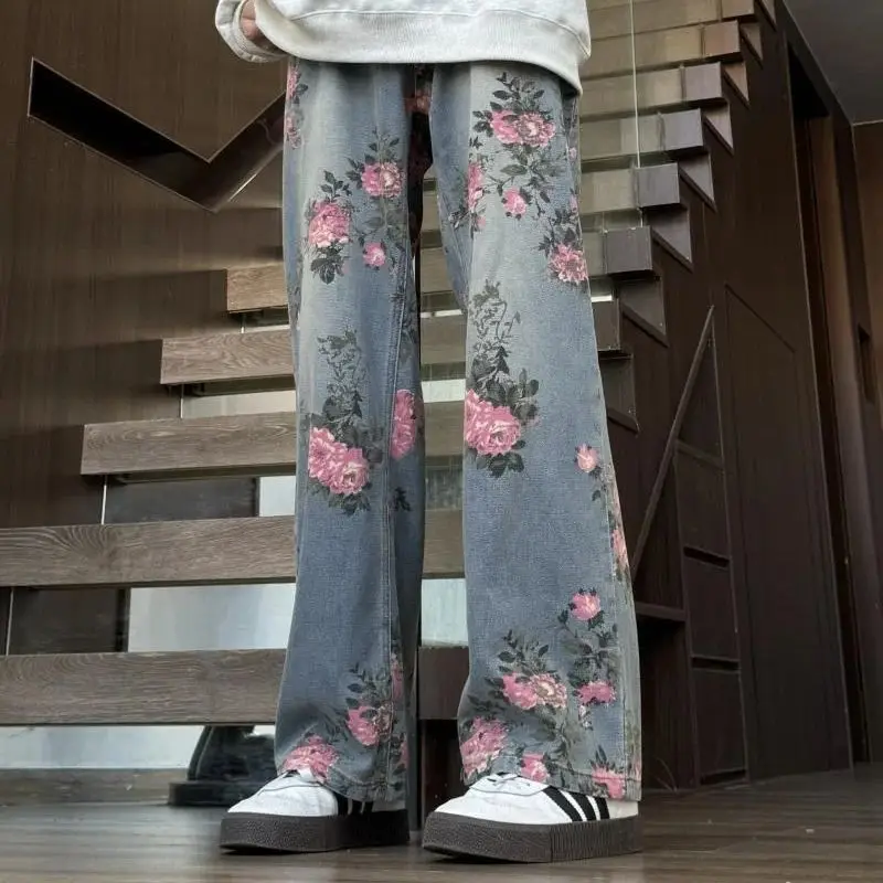 Jean rétro bleu imprimé Rose pour hommes, pantalon décontracté avec Tube droit de relaxation et amincissant et couteau incurvé