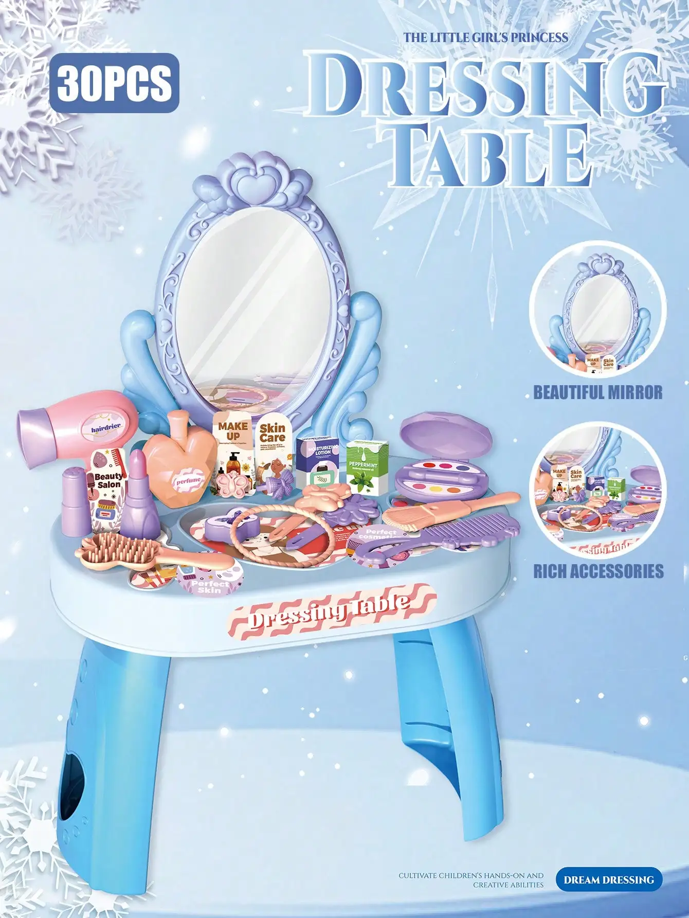 Kids Princess Vanity Dressing Table Toy Set with Mirror&30Pcs Makeup Accessories, Pretend Hair Dryer Cosmetic Kit,Gift for Girls view 5