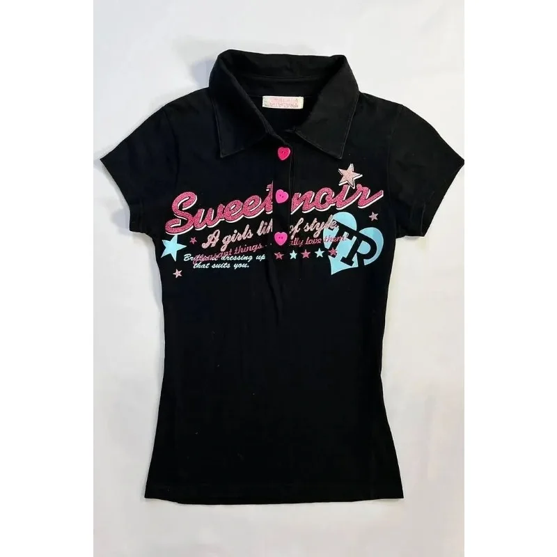 

Vintage Polo Collar Slim Fit T Shirt Women Summer Y2K Retro Millennium Gothic Short Sleeve Tops Streetwear Harajuku 2000s Outfit