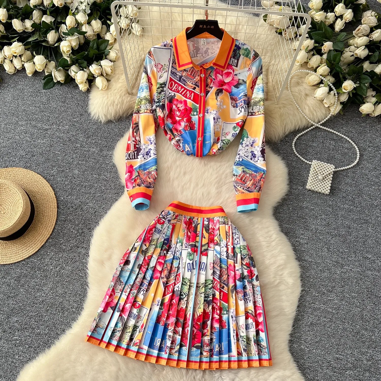 

Summer Runway Holiday Gorgeous Flower Skirt Suit Long Sleeve Print Shirt Tops + Pleated Mini Skirt Women's 2 Piece Outfits Skirt