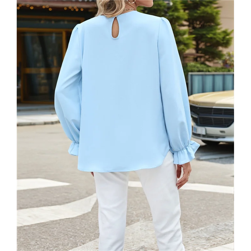 

DCOS-Women's Puff Long Sleeve Blouse Dressy Casual Crew Neck Chiffon Blouse Loose Fit Pleated Shirt Work Office Tops