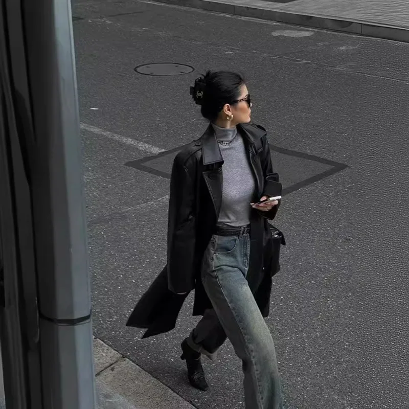 Spring Autumn Retro Long Black and Brown PU Leather Coat Women Double Breasted with Belt Slimming Fashion Leather Jacket Women's