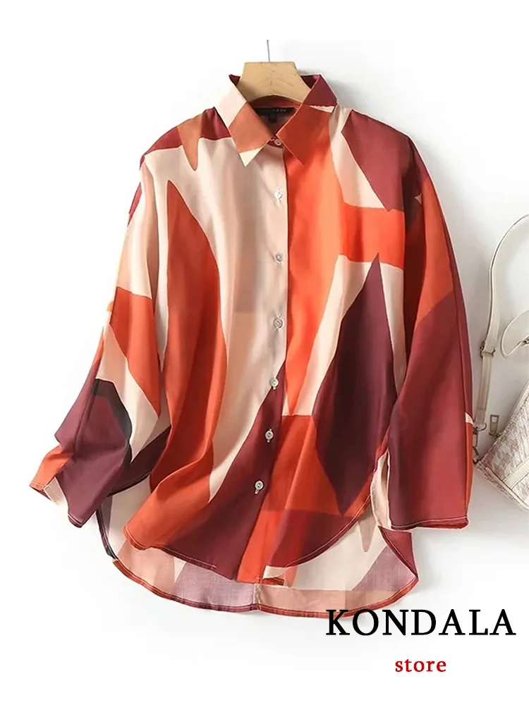 KONDALA Vintage Print Women Blouse Long Sleeve Turn-down Collar Single Breasted Loose Blouse New Fashion 2023 Summer Shirts Tops