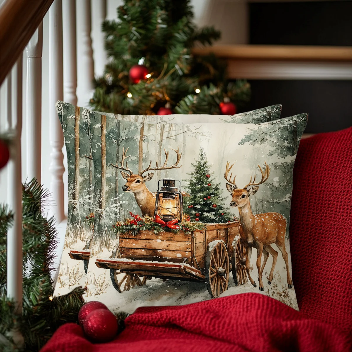 2pcs Vintage Christmas Pillow Covers - Rustic Deer Wagon Design, Polyester, Zipper Closure, Hand Washable, 18x18 Inch