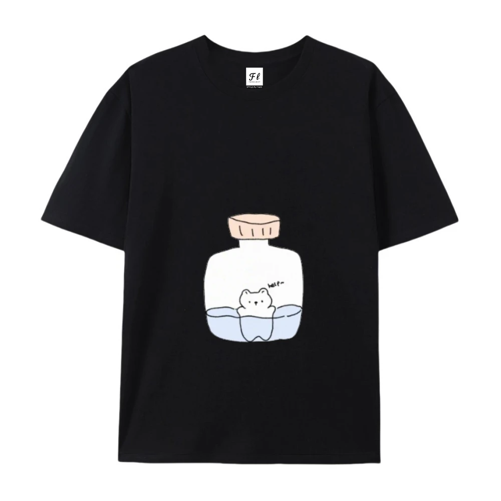 Klasyczna damska koszulka z krótkim rękawem, uroczy graficzny nadruk misia w butelce, luźny krój do noszenia na co dzień, Y2K, uroczy styl, niezbędna na co dzień.