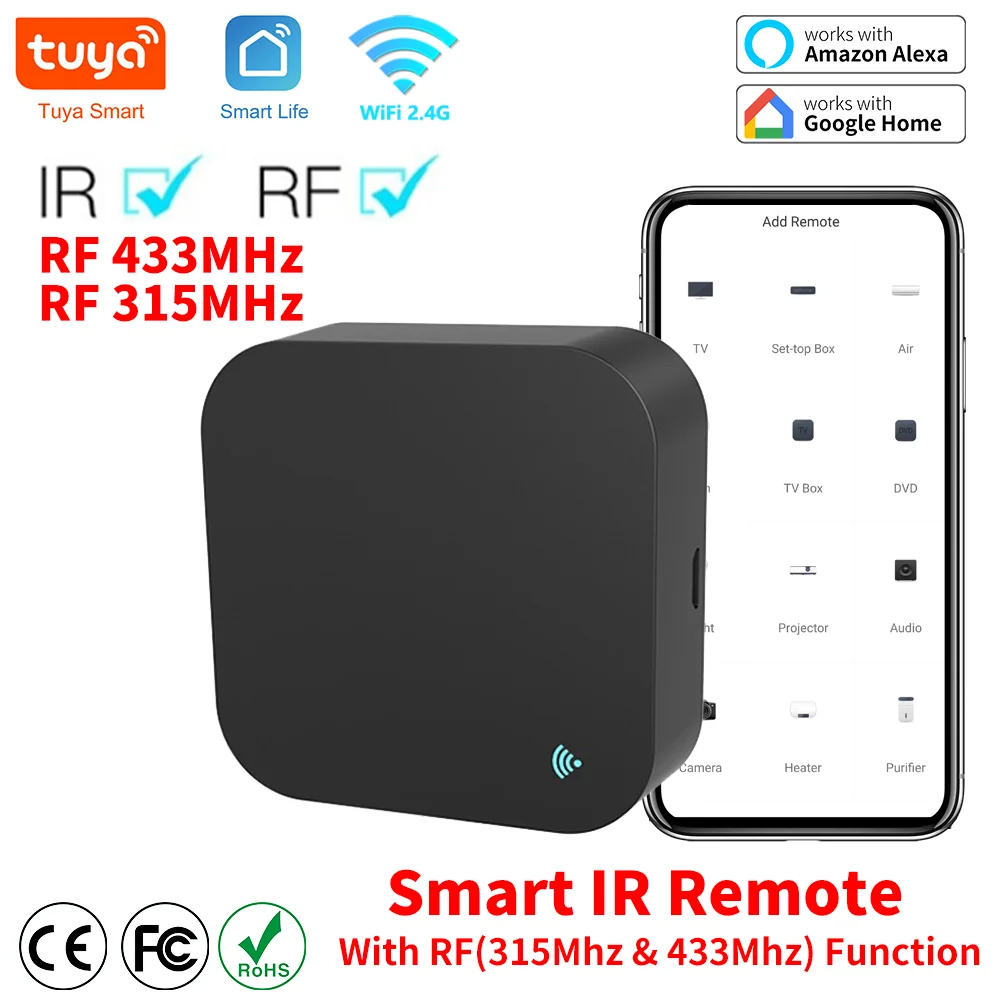 Control remoto Tuya WiFi RF IR, 433MHz/315MHz para casa inteligente a través de SmartLife para aire acondicionado, todos los televisores, compatible con Alexa y Google Home