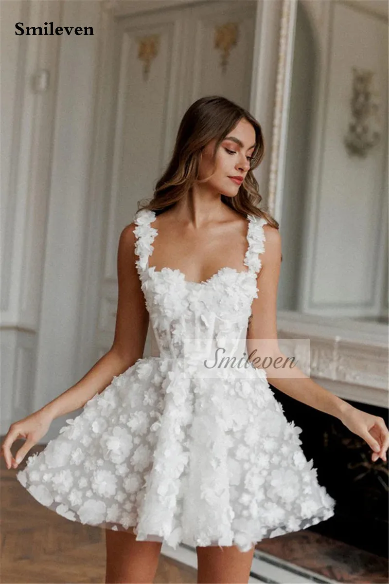 Smileven Short Wedding Dress A Line 3D Flowers Lace Bride Dresses Spaghetti  Strap Vestido de novia 2024 Wedding Gowns