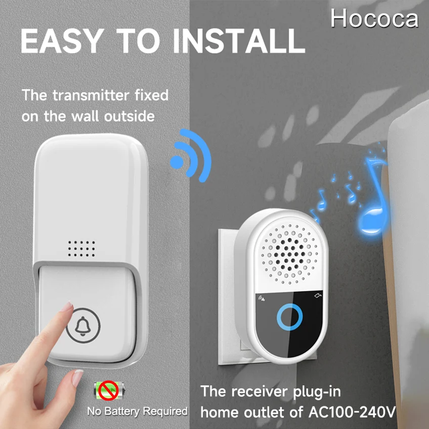 Hococa New Outdoor Waterproof Battery-Free Kinetic Wireless Doorbell Household Small Size Long-Distance Self-Powered Door Bell