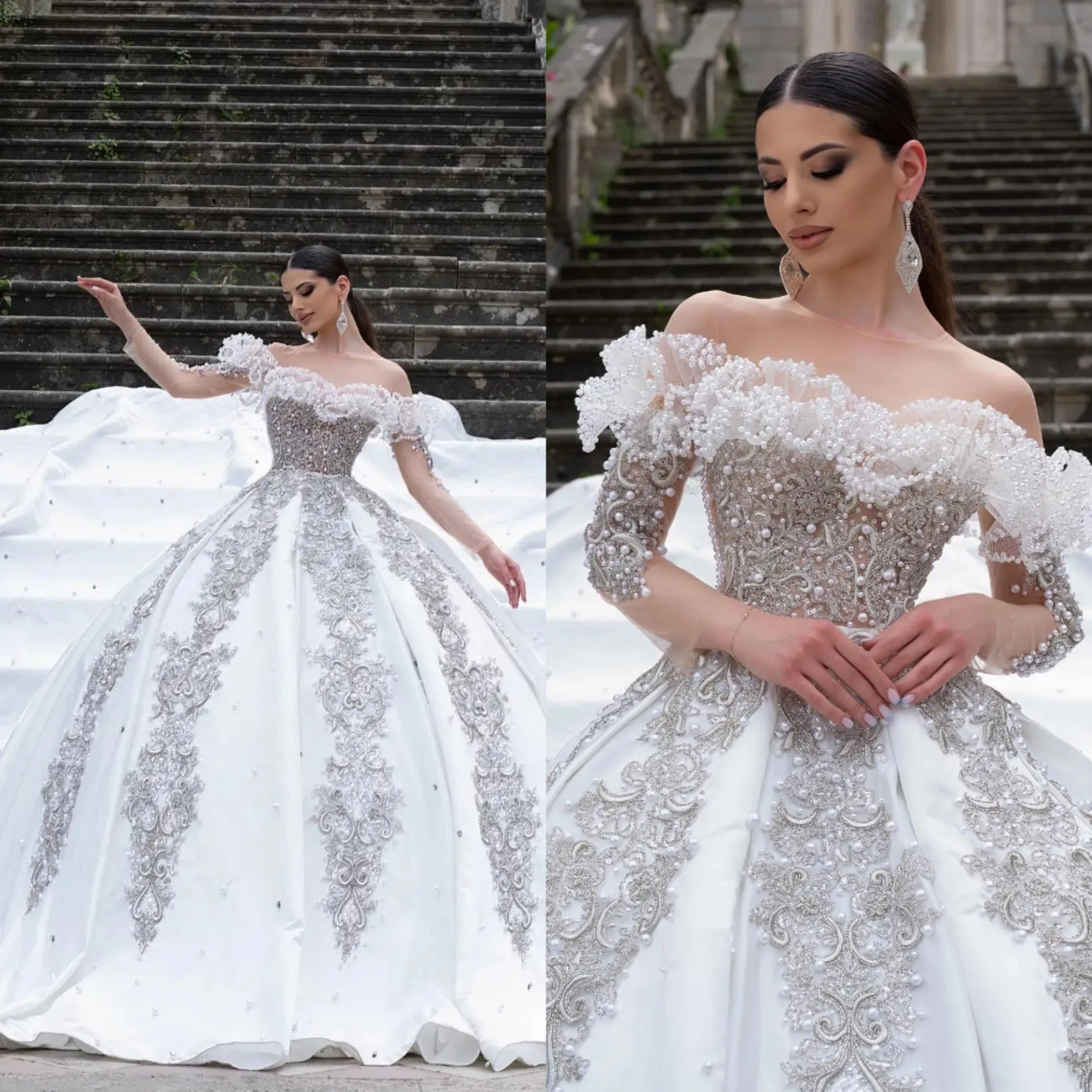 

New Luxury Handmade A-Line Crystal Bead Women's Fluffy Wedding Dress Sexy Off Shoulder Long Sleeved Bridal Gown Customized