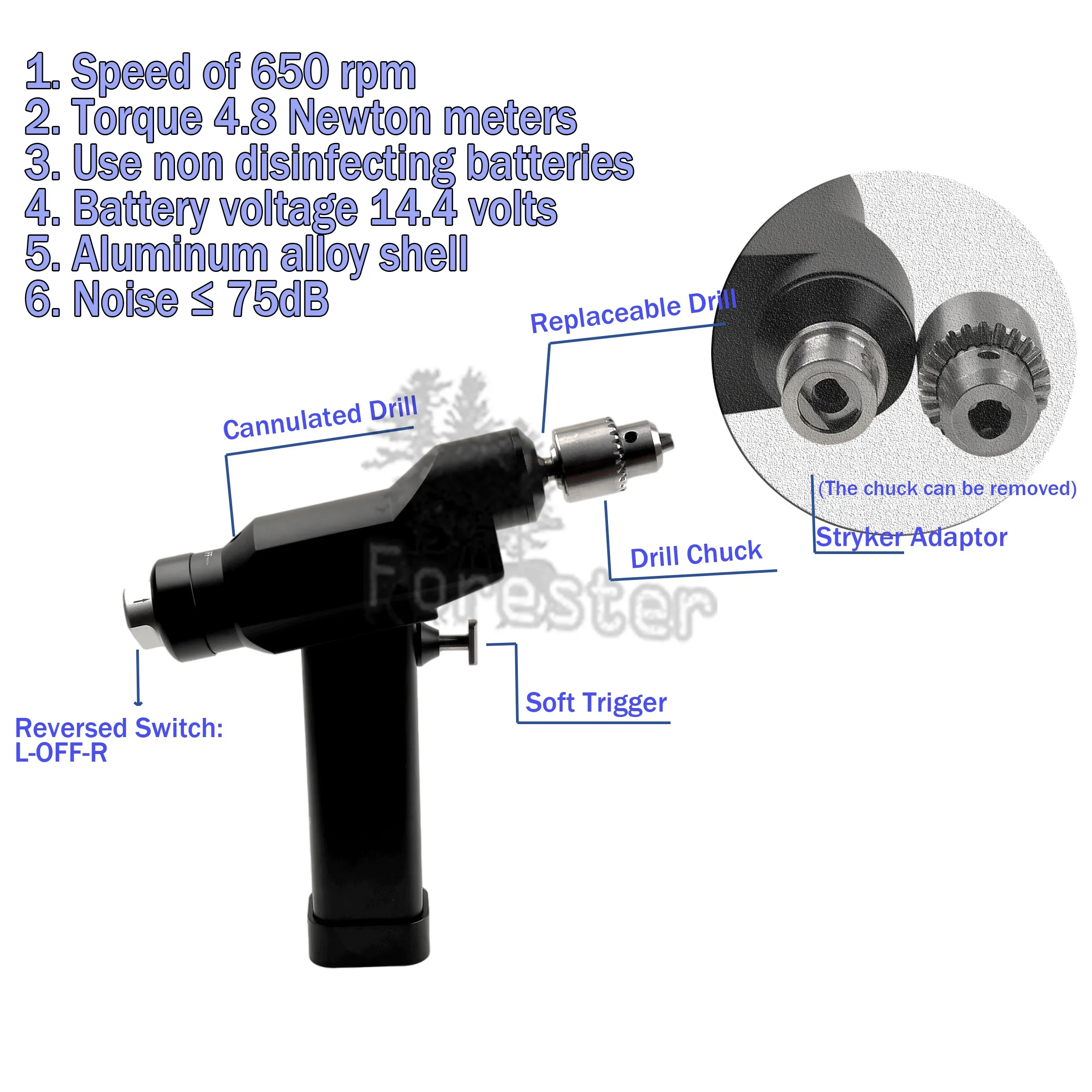 Cannulated Drill Orthopedic  Electric Power Drill Tool  for Trauma Autoclavable Orthopedic Veterinary Surgical Instrument