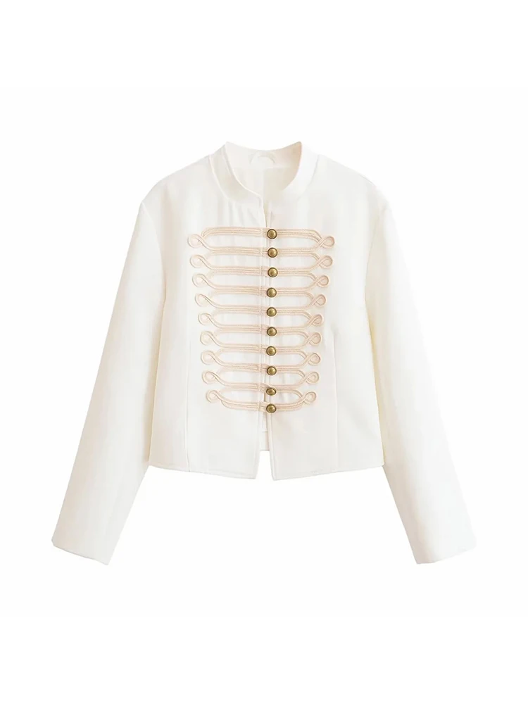 Women Vintage Blue Single Breasted Jackets Women 2026 Fall New Chic Causal Folds Sleeve Stand Collar Coats High Street Lady Top