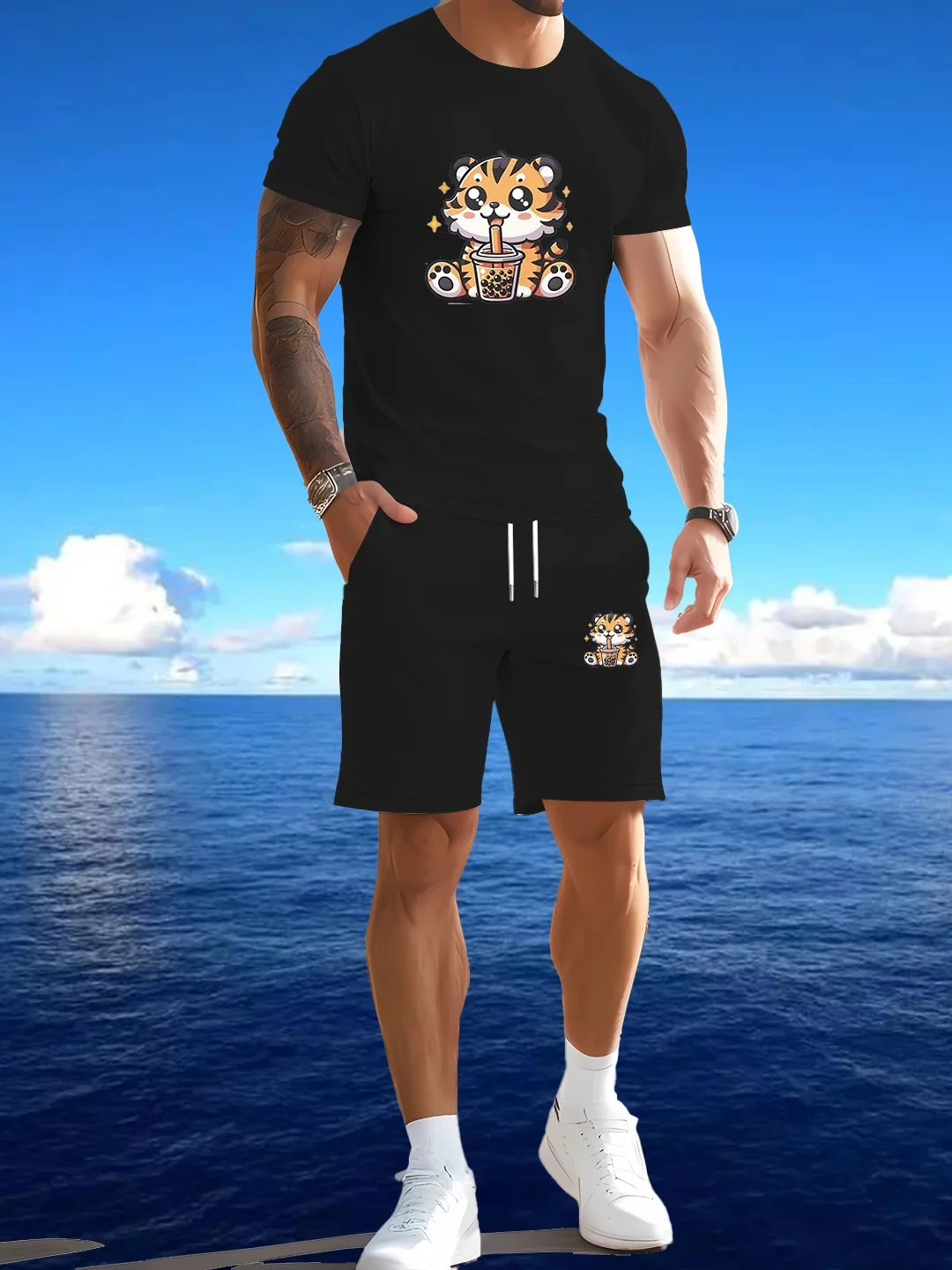 طقم صيفي جديد مطبوع للرجال كاجوال رياضي بأكمام قصيرة مكون من قطعتين #6