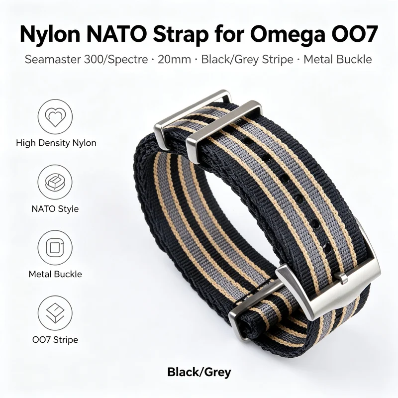 20mm Premium Nylon Canvas NATO Strap for Omega Seamaster OO7 Spectre Black Grey Stripe Metal Buckle Men Replacement Watch Band