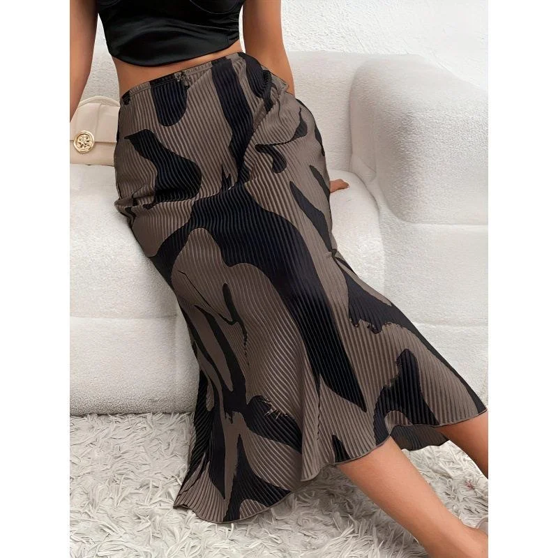 Vintage Print Midi Skirt Floral Batwing Shape mid Waist Design Other Material Denim Fabric Cross-Border Women's Skirt