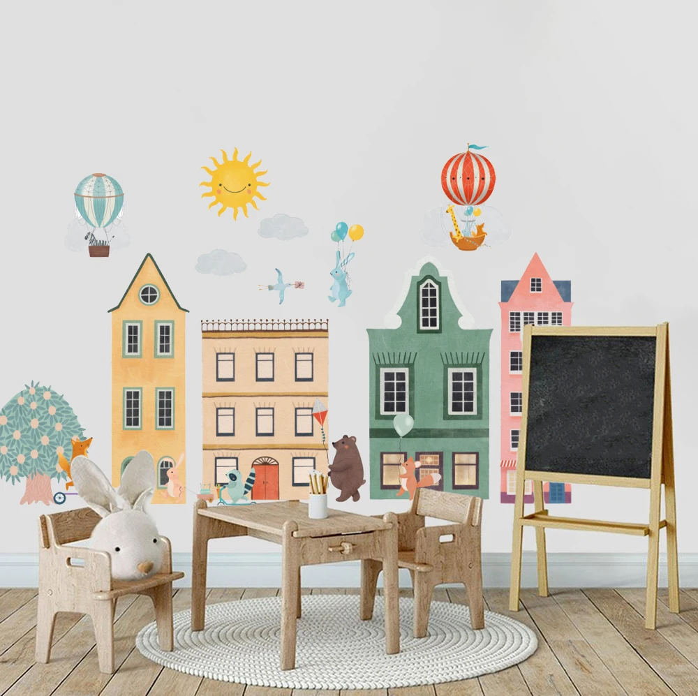 Large City House Animal Hot Airballoon Wall Sticker Baby Nursery Kids Arch House Landscape Wall Decal Bedroom Home Decor