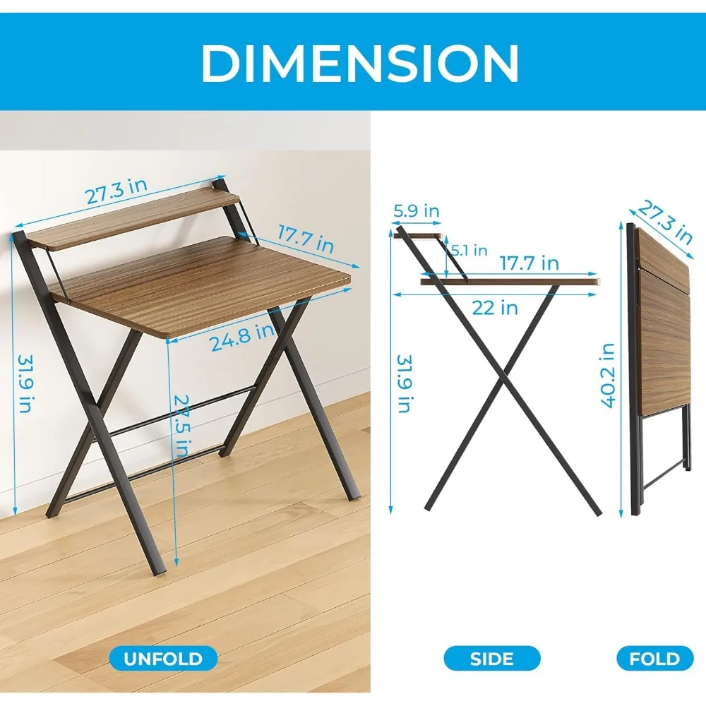 Folding Desk No Assembly Required Small Size, 2-Tier Foldable Computer Desk with Shelf for Home Office, Space Saving Portable