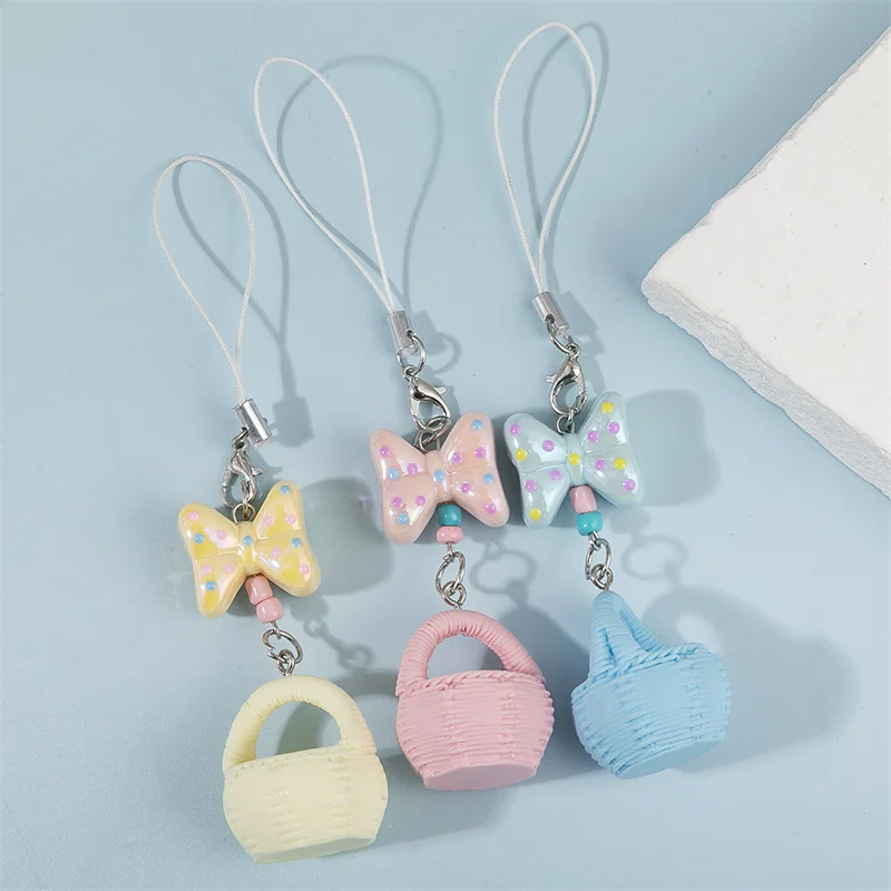 New 3pcs/set Cute Colorful Bow Phone Chain Bag Pendant Small Basket Mobile Phone Chain Beaded Pendant Keychain Jewelry Gifts view 4