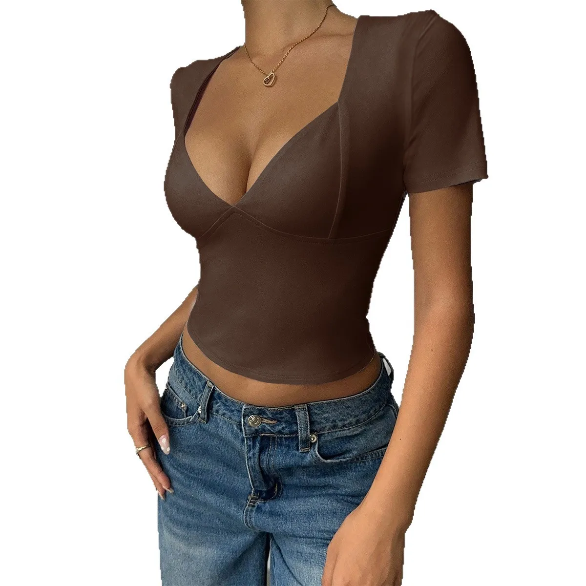 Spicy Girl Style V-neck Solid Color Vest T-shirt for Women  Autumn/winter 2025