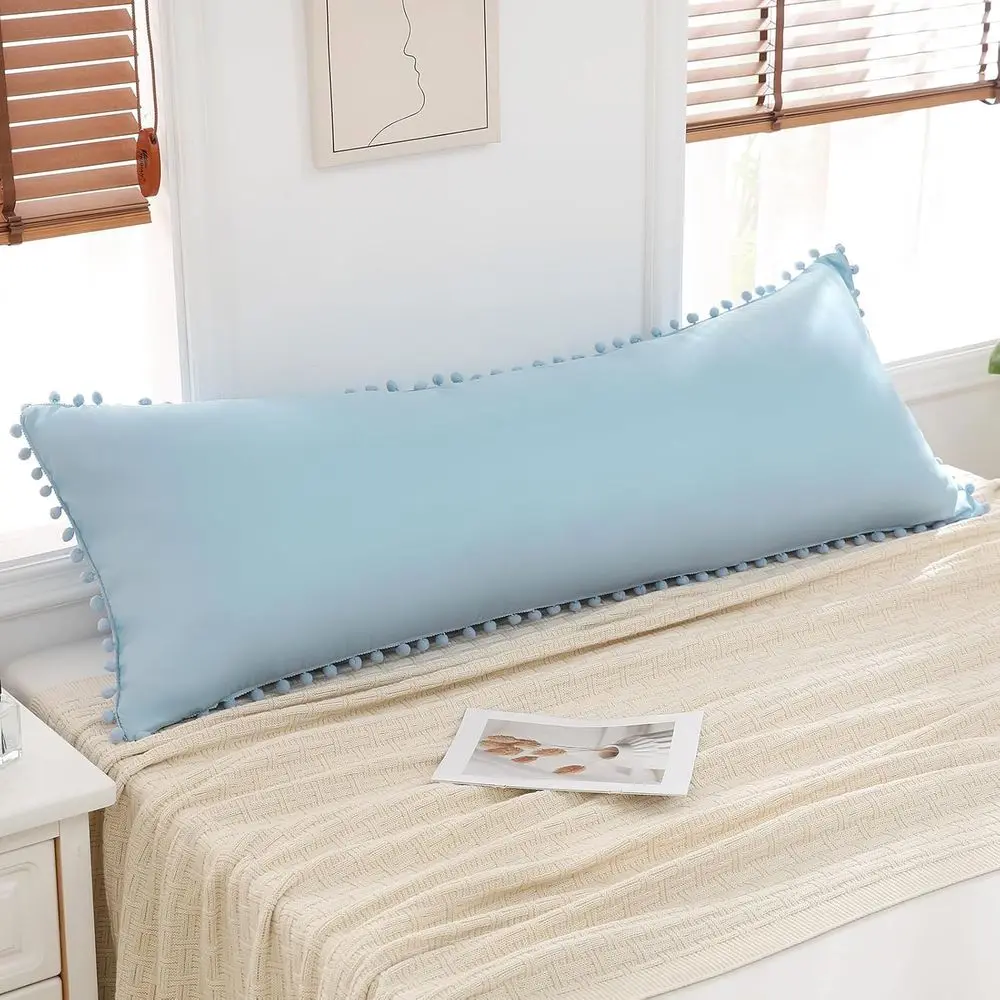 غطاء وسادة للجسم باللون الأزرق السماوي مقاس 20 × 54 بوصة بوهو شيك بوم بومس هامش ديكور غطاء وسادة للجسم مع إغلاق الجيب (الجسم، أزرق سماوي