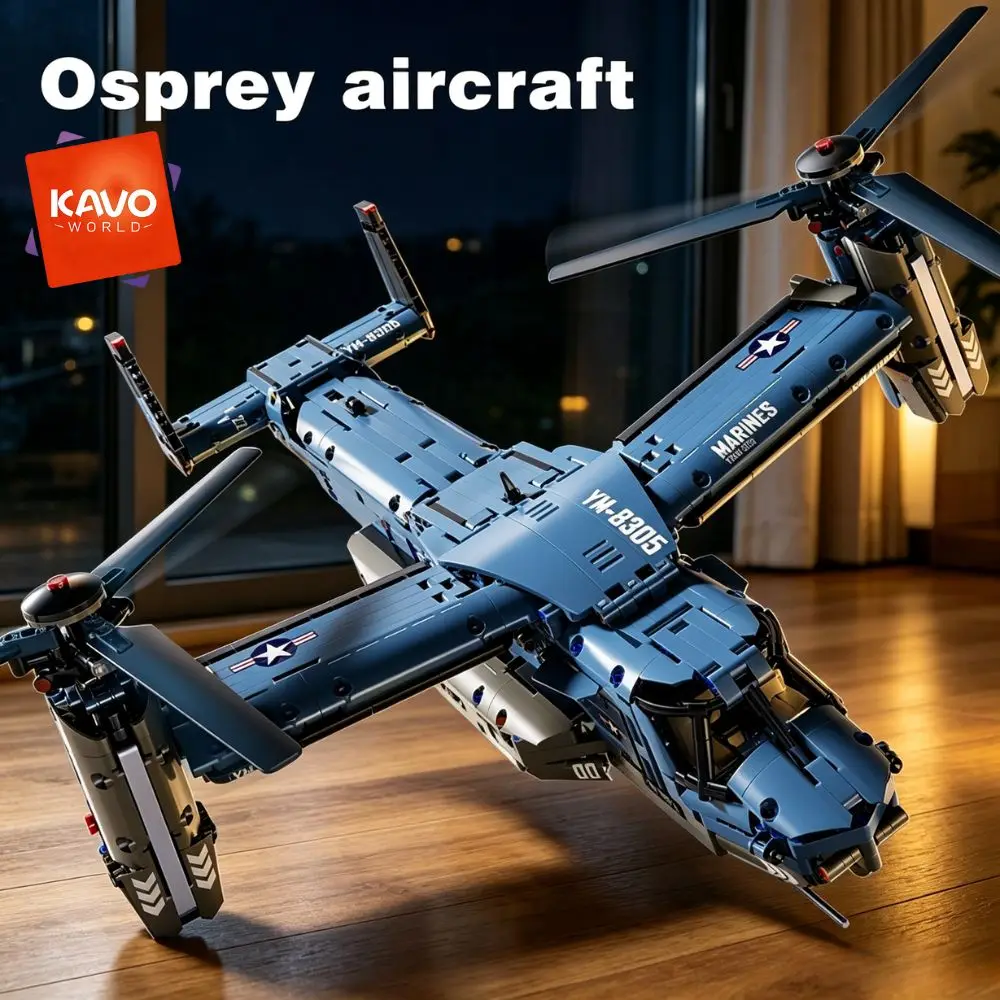 KAVOWORLD 1486PCS V-22 Osprey Tiltrotor Aircraft Building Blocks Set Simulation Military Helicopter Model Kit Collectible Airplane Bricks Construction Set, 360° Rotating Propellers Sliding Cockpit Movable Landing Gear Military Fans Christmas Birthday Gift