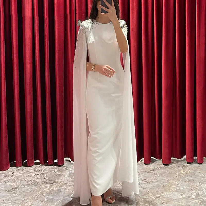 Aleeshuo Classic Arabia White Prom Dress Shiny Beaded Formal O-Neck Cap Sleeve Evening Dress Ankle-Length Tiered Party Dress