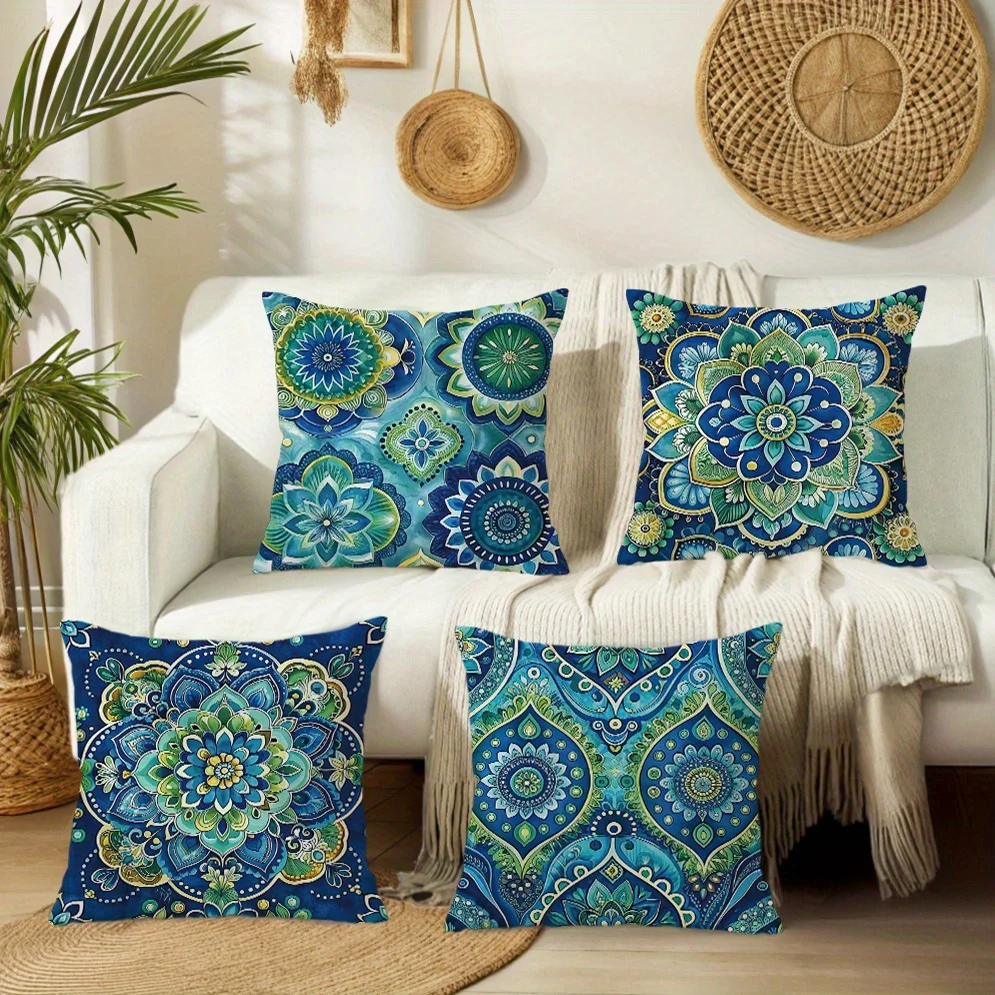 Blue Floral Patterned Double-sided Printed pillow cover Short plush Suitable living rooms bedrooms sofas throw cushion cover