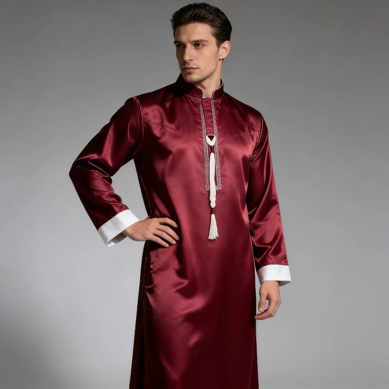 

2026 Stage Performance Costumes New Style Saudi Arabian Men's Solid Color Round Neck Long Sleeve Thobe