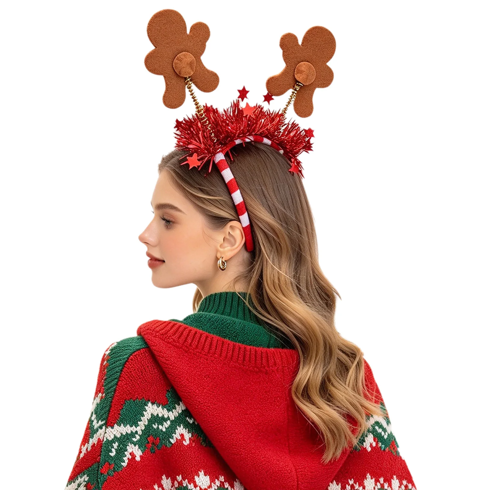 Christmas Headwear Spring-loaded Gingerbread Man Tinsel Star Decor Headband Striped Hair Hoop for Party Decoration 3