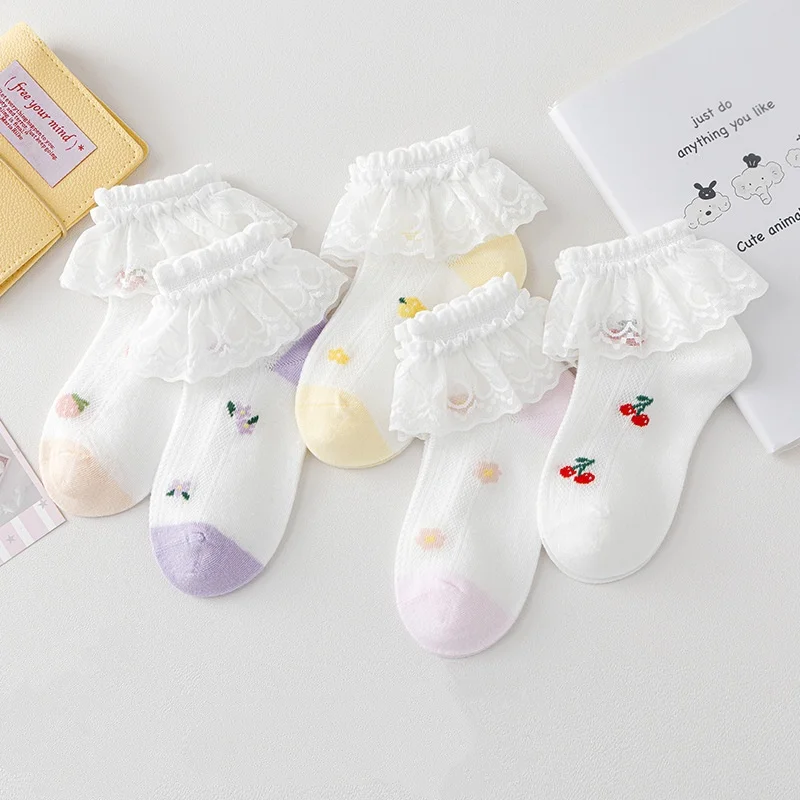 5Pairs/Set Children Cotton Mesh Socks Spring Summer Thin Girls Quality Socks For Baby Sweet Lace Print Princess Teenage Sock New