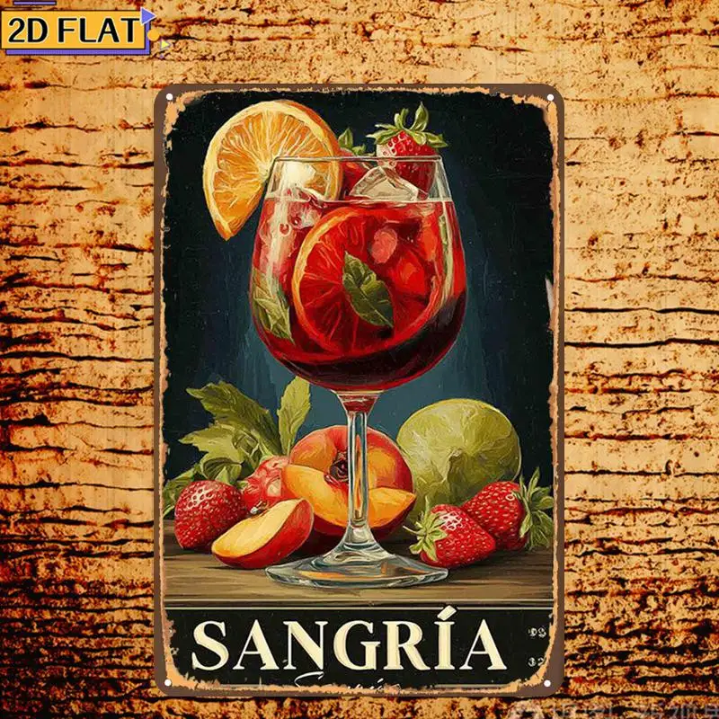 2D Flat 1pc 20*30cm Sangria Refreshing Fruit & Wine Metal Tin Plaque, Retro Decorative Metal Wall Sign, Wall Art for Bar Cafe Ki