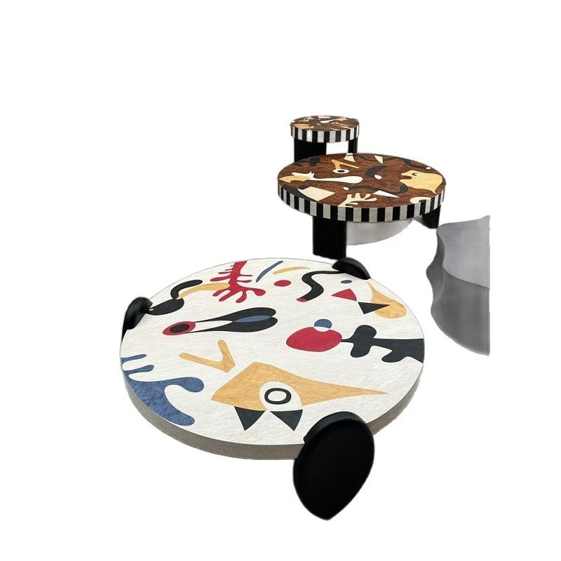 French art painting medieval coffee table designer dopamine round solid wood coffee table graffiti oil painting furniture