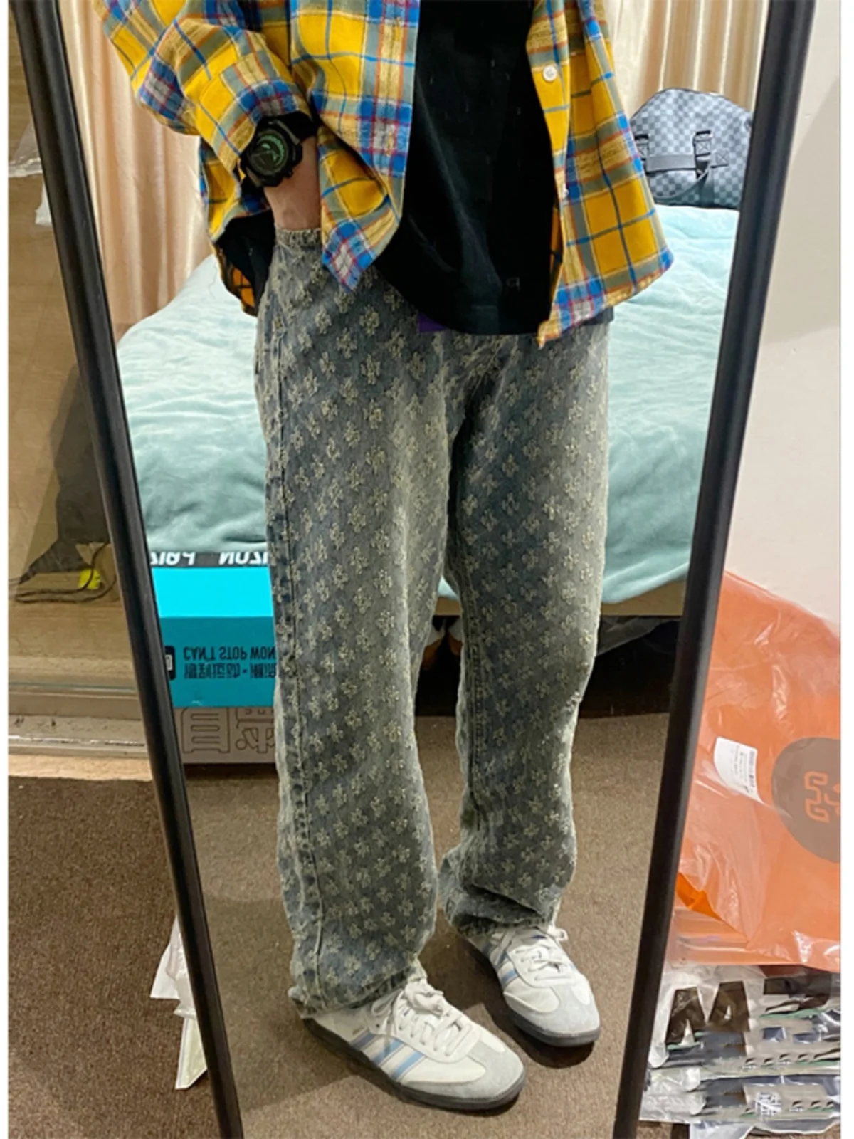 

American High Street Men's Jeans Summer Trendy Design adient Straight Leg Vibe Pants Floral Print Low Waist Long Trousers