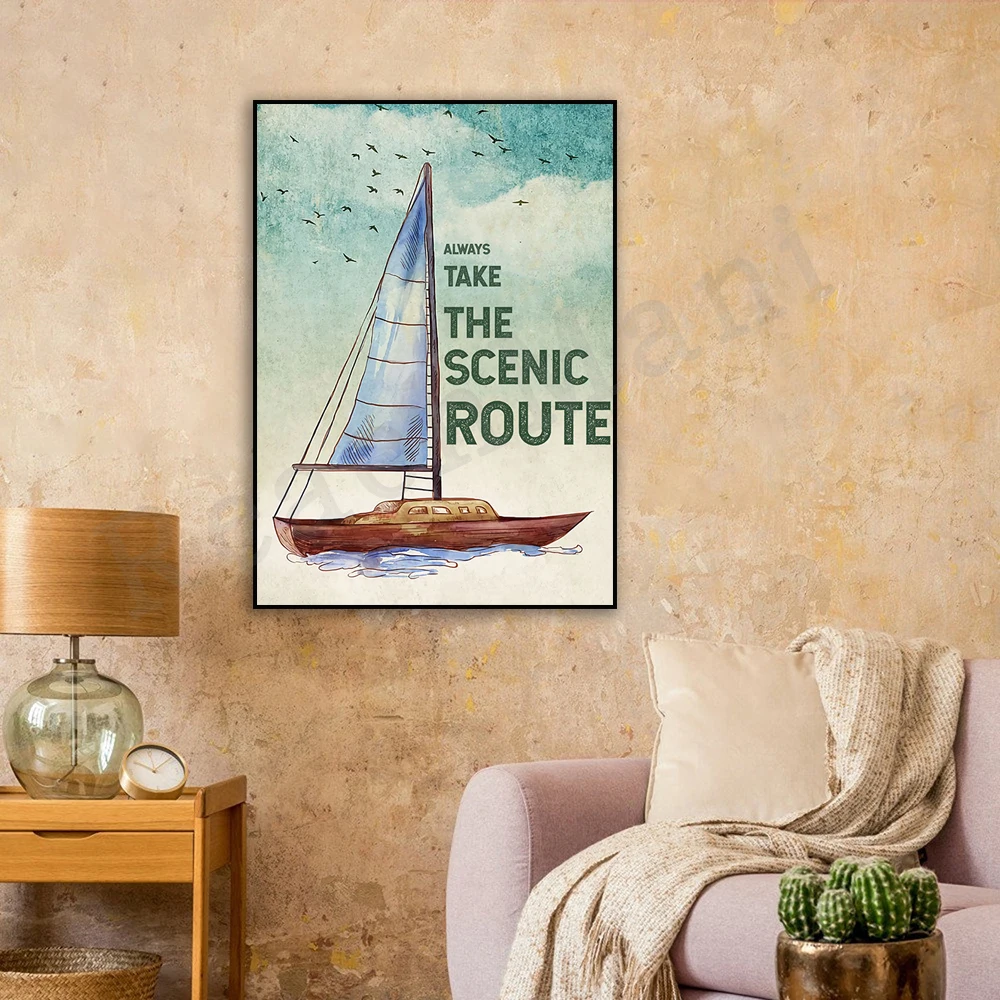 Love the ocean, always take the scenic route poster, love the ocean poster, gift for travel lovers, ocean retro poster wall deco