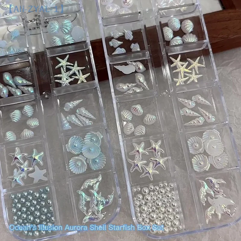 【ZYAL-1】กล่อง 12 ช่อง/กล่อง อุปกรณ์ตกแต่งเล็บลายเปลือกหอย ดาวทะเล หางนางเงือก สำหรับงานศิลปะ 3 มิติ เพื่อลุคเล็บที่ดูชวนฝันและคล้ายมหาสมุทร