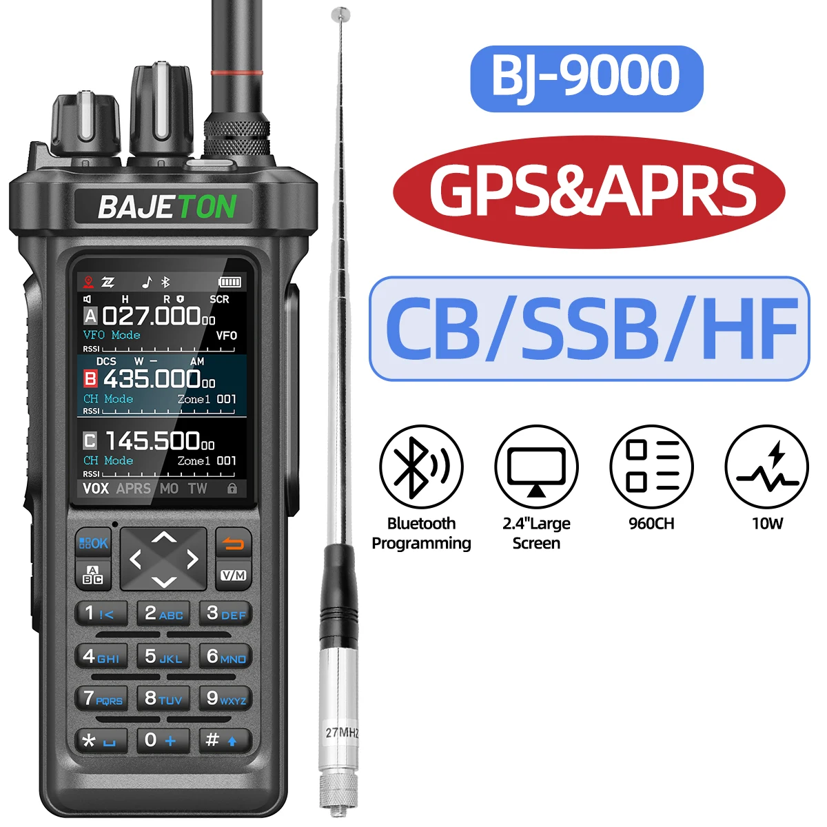 BAJETON BJ-9000 APRS GPS Walkie Talkies Bluetooth Programmering 10W CB 27Mhz Transceiver Ontvangen Korte Golf Voor RT-950 Ham radio