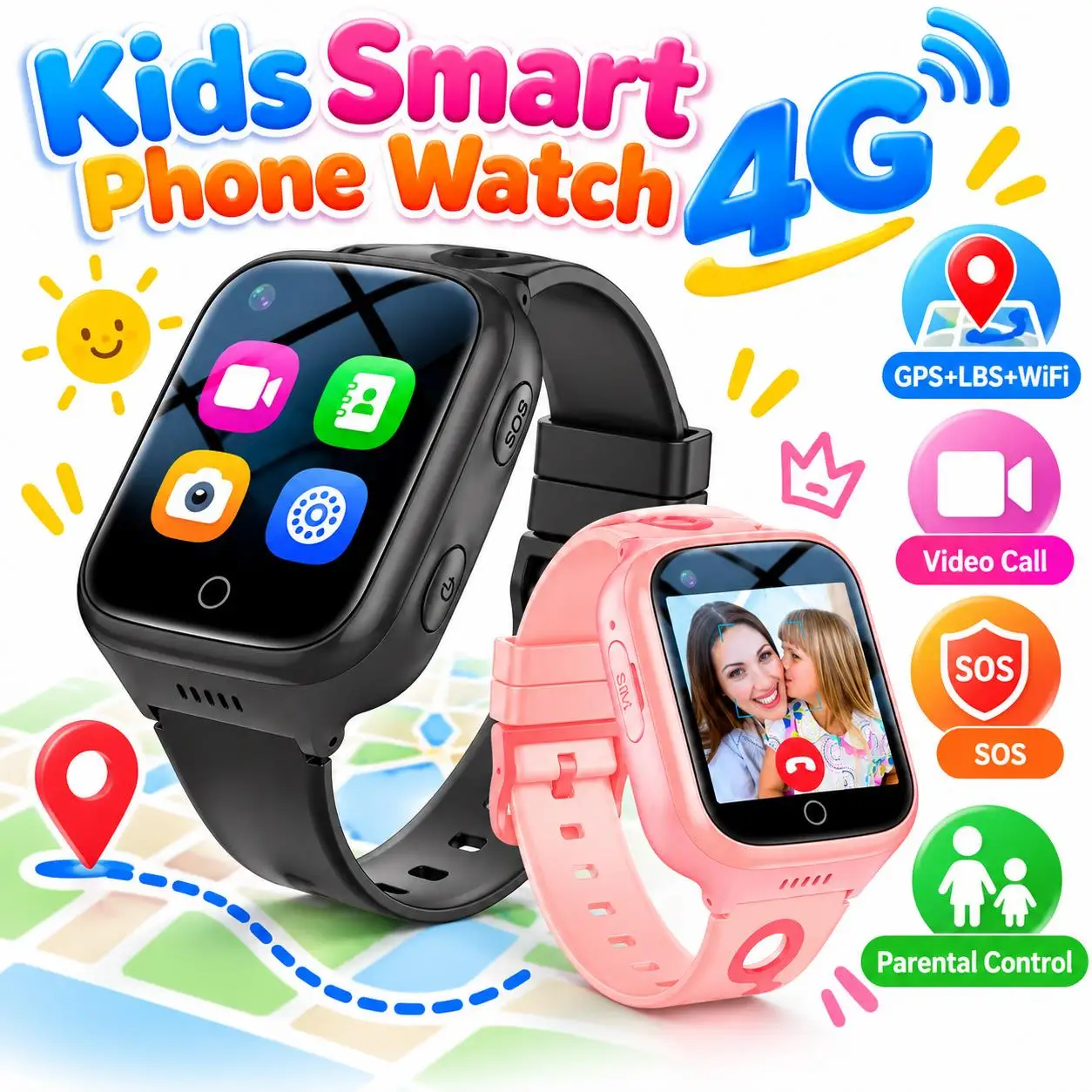 4G Waterproof Kids Smartwatch GPS WiFi Positioning Video Voice Call SOS Emergency Remote Monitor Birthday Gift for Boys & Girls