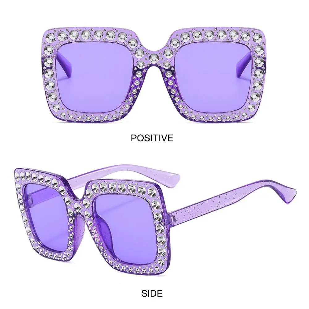 Retro Square Crystal Oversized Sunglasses UV400 Protection Big Frame Shades Sparkling Diamond Sun Glasses Women
