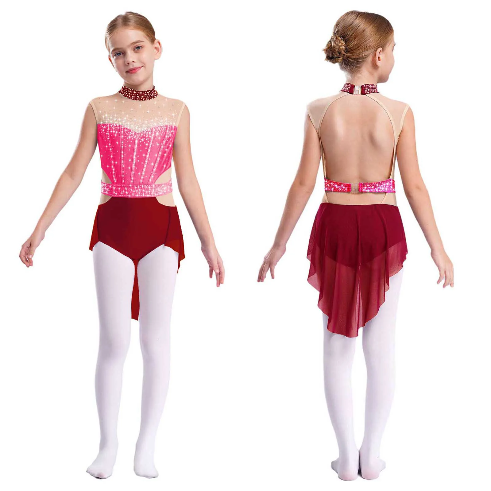 Costume de danse lyrique pour enfants filles, vêtements de danse de Ballet, patinage artistique, gymnastique, strass, bloc de couleurs, jupe en maille, robe justaucorps