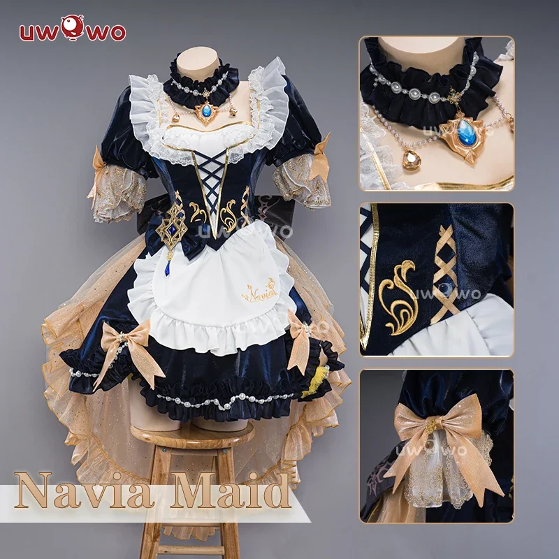 UWOWO Exclusive Navia Cosplay Genshin Impact Fanart Navia Maid Cosplay Costume with Bow Maid Dress Halloween Costumes