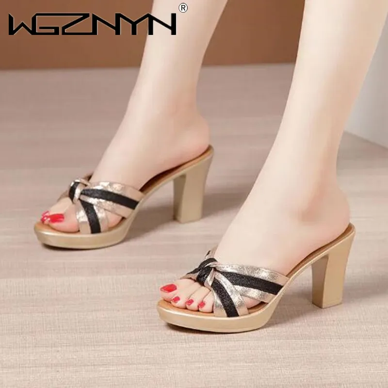 Fashion Elegant Stripe Bow Block High Heels Slides Women Platform Shoes Summer 2024 Thick Sole Slippers for Office Outside Shoes